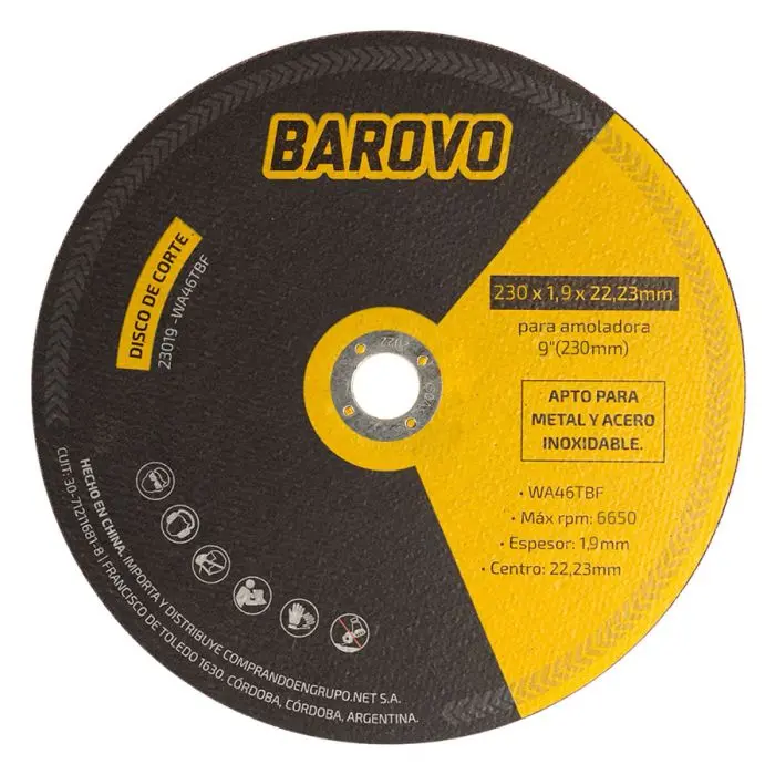 Disco de Corte 230mm Espesor 1,9 mm BAROVO 23019-WA46TBF
